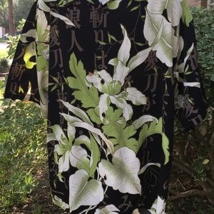 Floral Hawaiian Camp Shirt Black Green Zam Sz XL